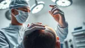 Hair transplant procedure showcasing a skilled surgeon examining a patient's scalp with a calm atmosphere.