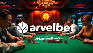 Players enjoying a thrilling poker game at a luxurious Marvelbet casino table.