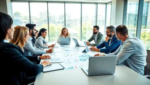 Engaged professionals discussing competitive intelligence during a meeting with digital analytics.