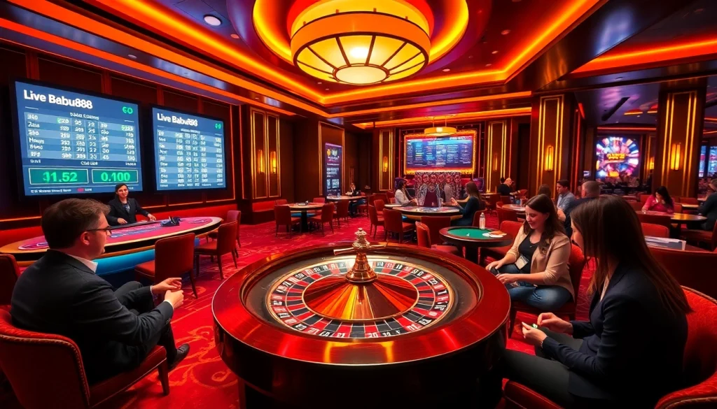 Babu88 roulette wheel spins in a luxurious casino, showcasing an exciting gambling environment.