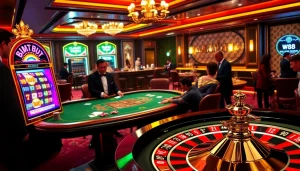 Exciting casino scene with players at a poker table and a flashy slot machine featuring link to w88.