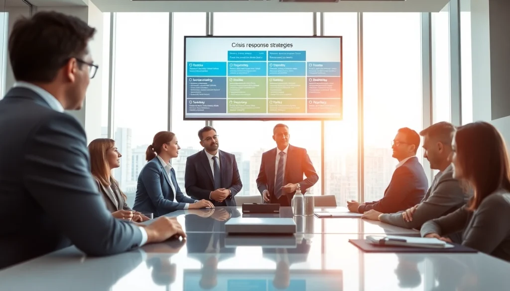 Crisis management consultant guiding a corporate team through strategic planning in a bright boardroom.