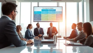 Crisis management consultant guiding a corporate team through strategic planning in a bright boardroom.