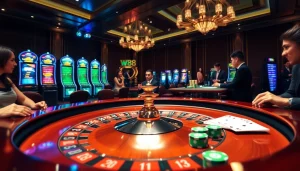 Trải nghiệm cảm giác hồi hộp tại W88 với cảnh casino sống động có bàn roulette và người chơi tham gia hấp dẫn.
