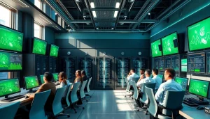 Cloud mining facility showcasing renewable energy technology and professional teamwork.