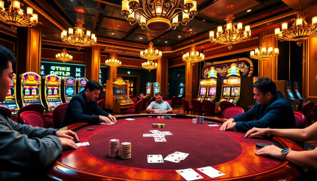 Engage in a high-stakes poker game at THABET VEGAS featuring colorful chips and intense players.