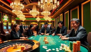 Experience the thrill of gambling with link mahjong amidst vibrant casino settings featuring poker tables, slot machines, and colorful chips.