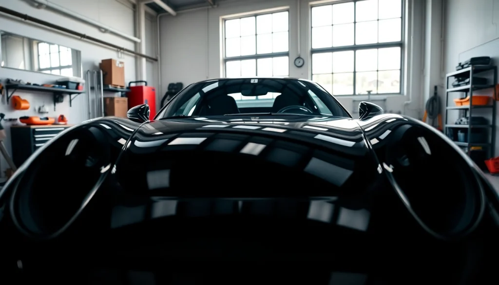 Apply paint protection film near me for a sleek, black sports car in a professional garage.