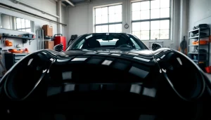 Apply paint protection film near me for a sleek, black sports car in a professional garage.
