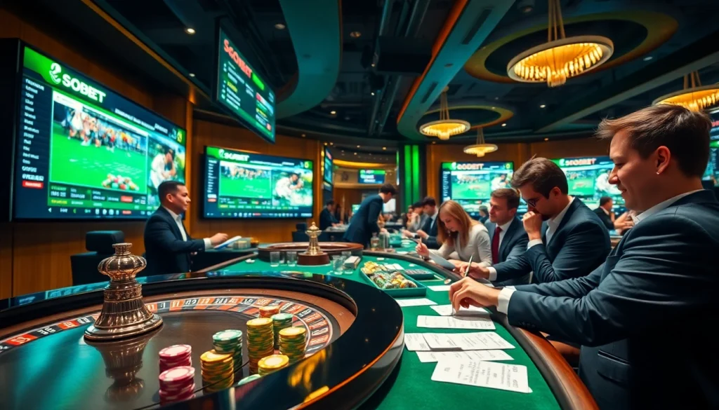 Engaging sbobet betting scene with colorful chips and exciting sportsbook interface.