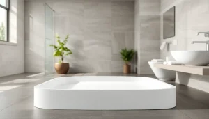 Explore a sleek shower base with modern design and reflective surfaces in a chic bathroom setting.