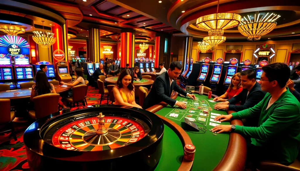 SHBET players enjoying a vibrant casino atmosphere with roulette, cards, and excitement.