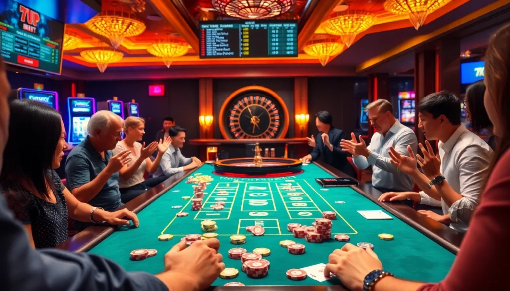 7upbet gaming table filled with excited players and vibrant casino elements.
