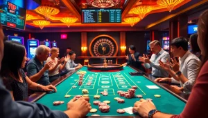 7upbet gaming table filled with excited players and vibrant casino elements.