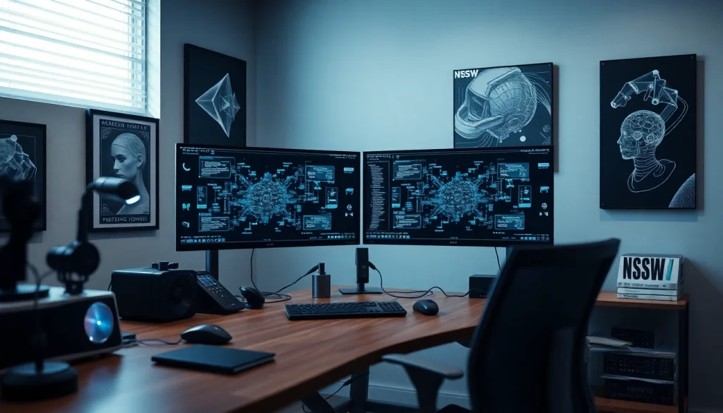 Innovative workspace showcasing ai nsfw image generation software at a sleek workstation.