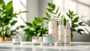 Kosmetika odos priežiūros produktai, gražiai išdėstyti ant marmuro paviršiaus.