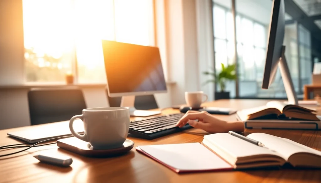 Typing center in a sleek workspace, featuring a tidy desk with a computer and notes.