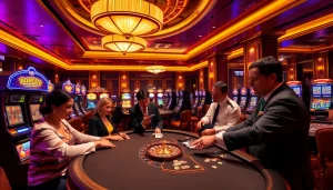 Players enjoying a thrilling poker game at the topclub casino, showcasing vibrant tables and excitement.