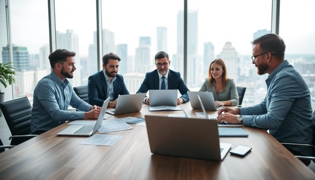 Hire account executives collaborating in a bright office space with city views.