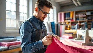 Een vakman snijdt poplin stoffen in een heldere stoffenwerkplaats met kleurrijke rolmaterialen.