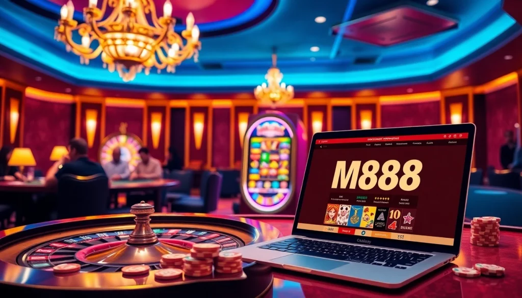Players enjoying a thrilling game of roulette with MM88 branding in a luxurious casino setting.