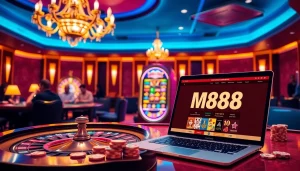 Players enjoying a thrilling game of roulette with MM88 branding in a luxurious casino setting.