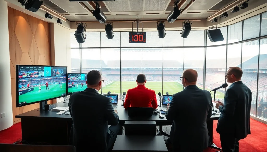 Engaging team in sports broadcasting studio, showcasing live game coverage and commentary.