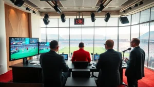 Engaging team in sports broadcasting studio, showcasing live game coverage and commentary.