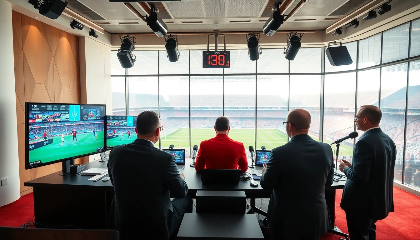 Engaging team in sports broadcasting studio, showcasing live game coverage and commentary.