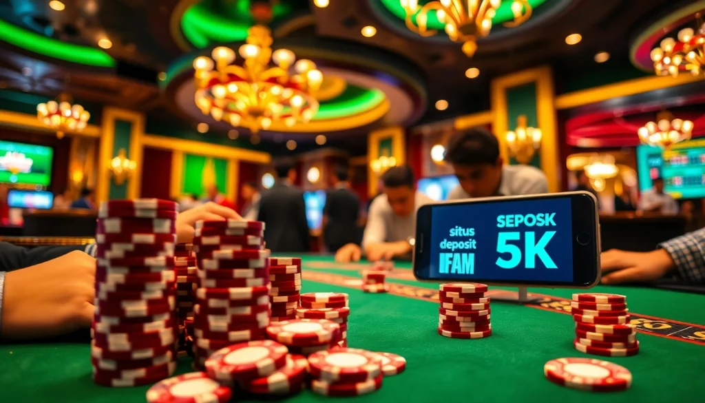 Experience the thrill of situs deposit 5k at a luxurious casino with vibrant tables and engaged players.