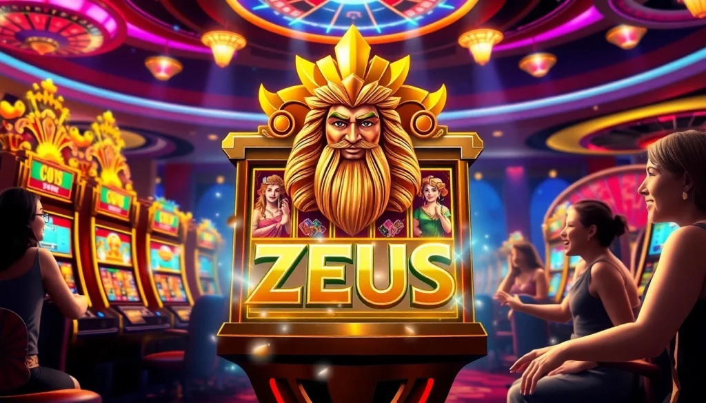 Experience the excitement of Zeus slot with animated reels and thrilling gameplay in a luxurious casino setting.