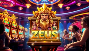 Experience the excitement of Zeus slot with animated reels and thrilling gameplay in a luxurious casino setting.