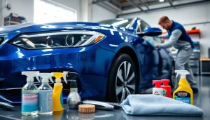 Get professional car detailing near me with a skilled technician cleaning a shiny sedan.