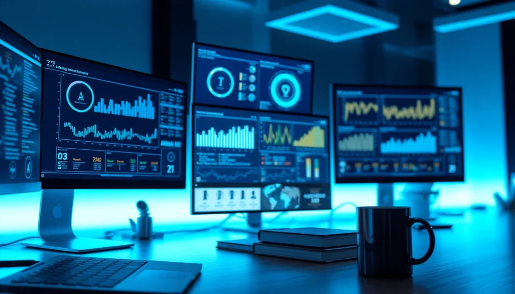 Cybersecurity AI analytical workspace with modern tech and dynamic dashboards.