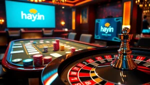 Experience high-stakes gaming at hay.win with vibrant poker chips and a casino table.