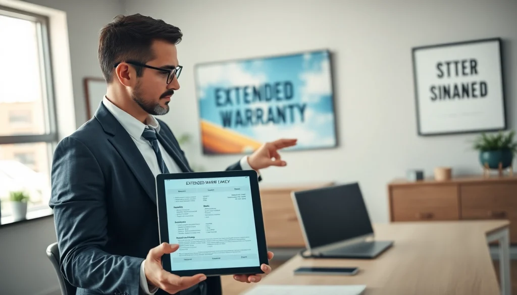 Reviewing extended warranty coverage options with a professional advisor in an office.
