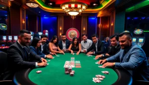 Exciting poker gameplay at 789club's upscale casino table with diverse players.