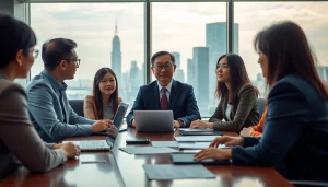 Businessperson engaged in a productive meeting during a 출장 (business trip) in a modern conference room.