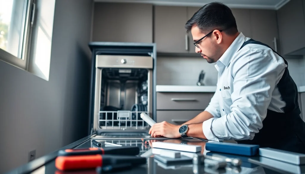 Expert addressing a BOSCH dishwasher repair in a modern kitchen setup.