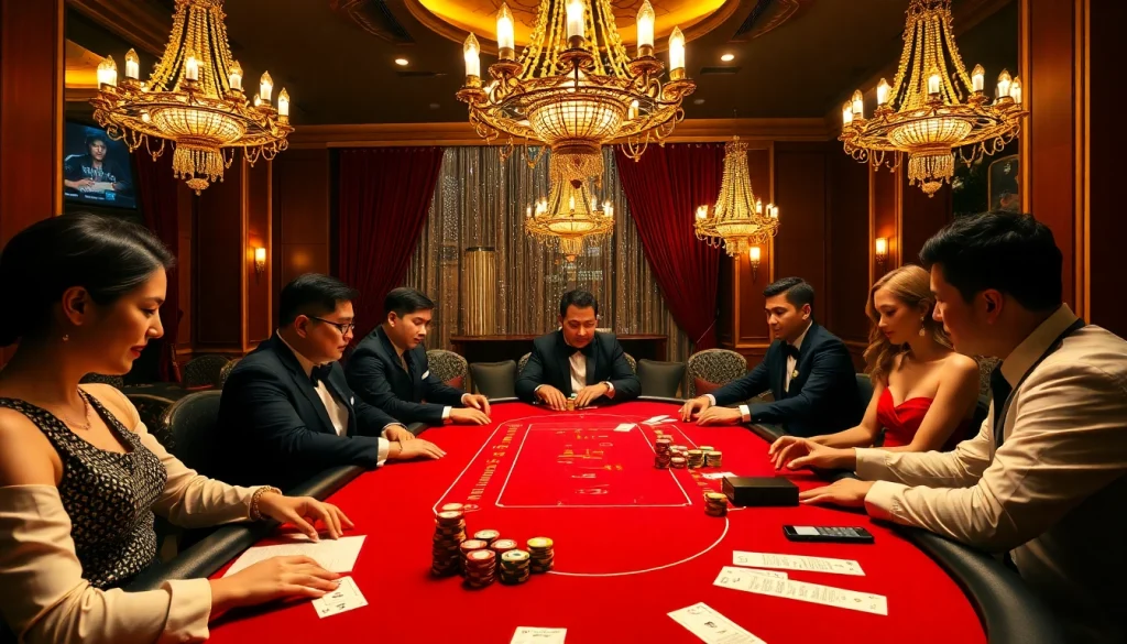 Engaging players at a Tk88 poker table in a luxurious casino environment.