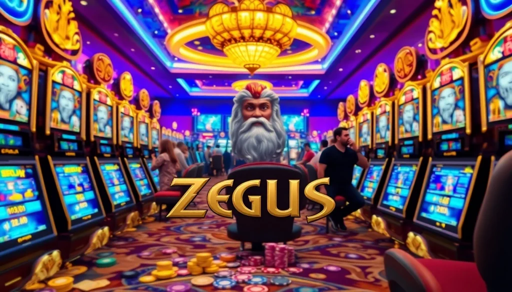 Para pemain menikmati pengalaman Zeus Slot yang mendebarkan dalam suasana kasino mewah dengan warna-warni yang cerah.