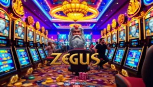 Para pemain menikmati pengalaman Zeus Slot yang mendebarkan dalam suasana kasino mewah dengan warna-warni yang cerah.