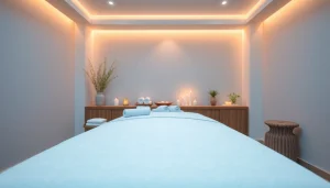 차분한 분위기의 마사지룸과 에센셜 오일이 갖춰진 출장마사지 설정
