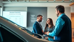 Evaluate extended warranty coverage options with a family consulting an agent in a bright office.