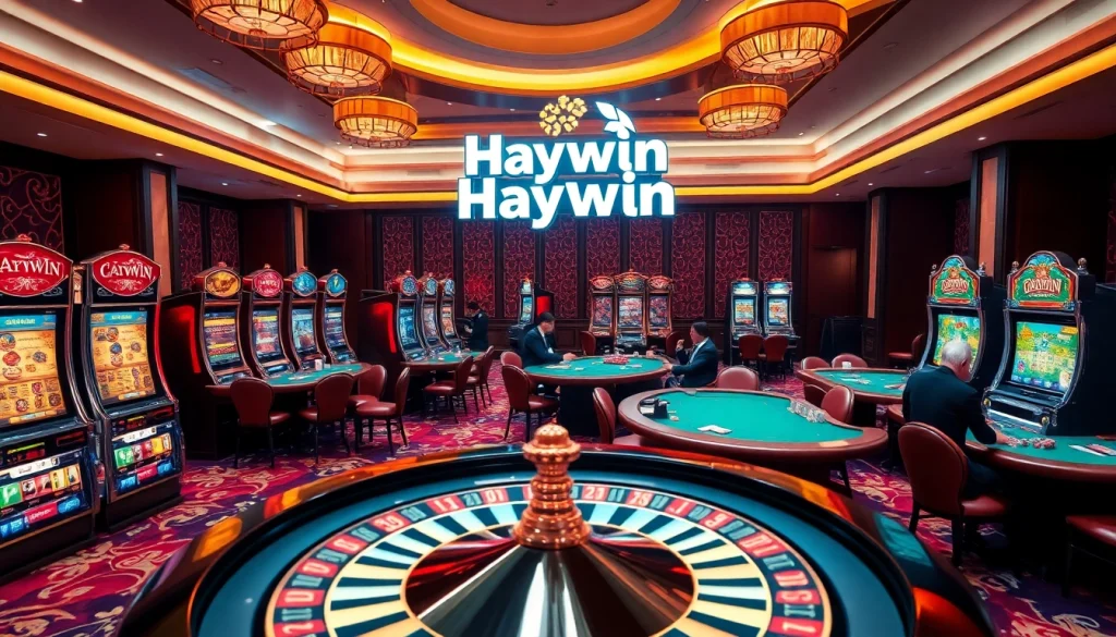 Cổng game Haywin offers an exciting casino ambiance with players enjoying poker, slots, and roulette.