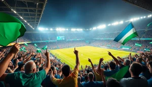 Dynamic soccer match atmosphere featuring energetic fans celebrating with ผลบอลสดภาษาไทย updates on the scoreboard.