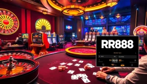 Engaged gamblers enjoying an exciting game session at RR88 casino, highlighting vibrant slot machines and roulette.