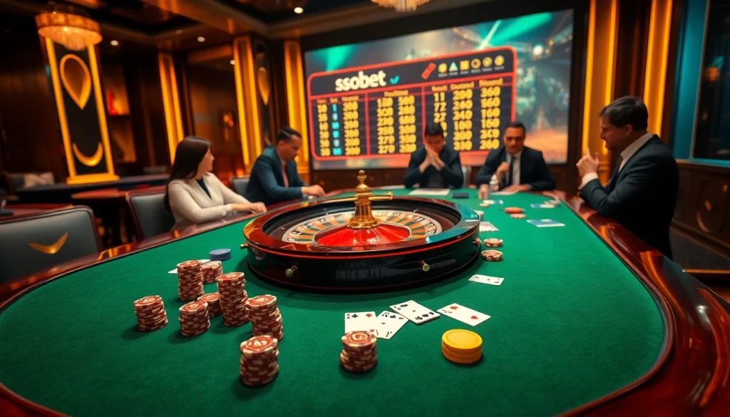 SboBet betting scene with vibrant casino table, chips, and cards, exuding excitement.