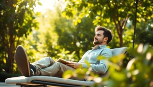 Entrepreneurs break in a tranquil outdoor setting, emphasizing relaxation and productivity.