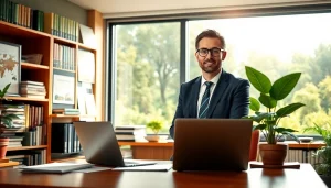 Environmental lawyer consulting in a bright office, showcasing commitment to eco-friendly legal practices.